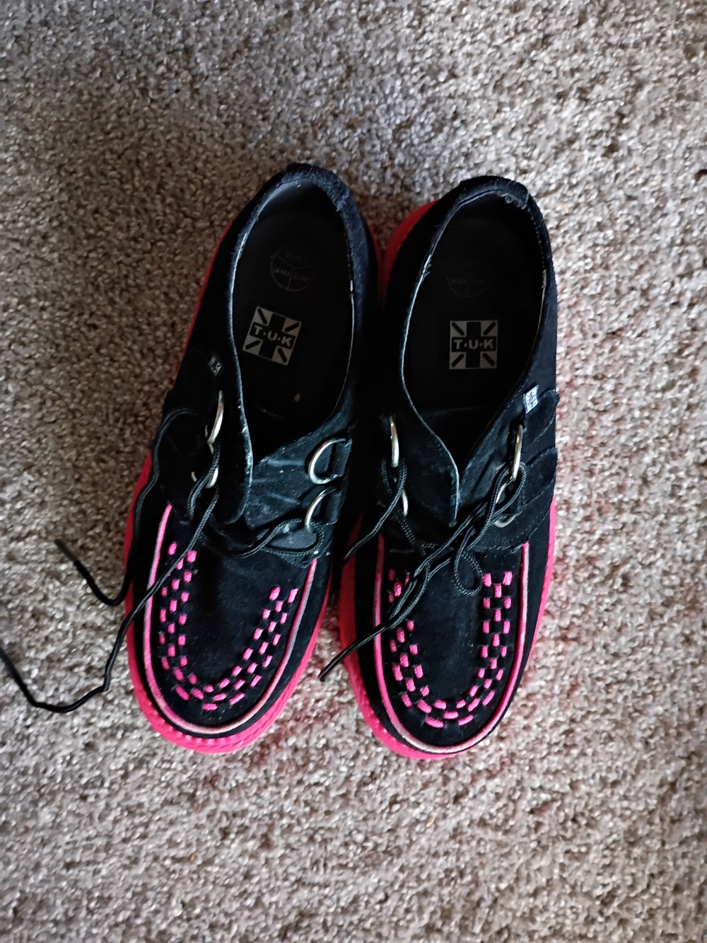 T.U.K Black Suede Creeper Loafers with Pink Accents